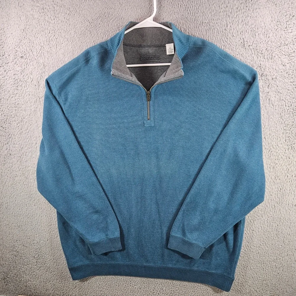 Pendleton Mens XXL Blue 100% Cotton Quarter Zip Mock‎ Neck Pullover Sweater
